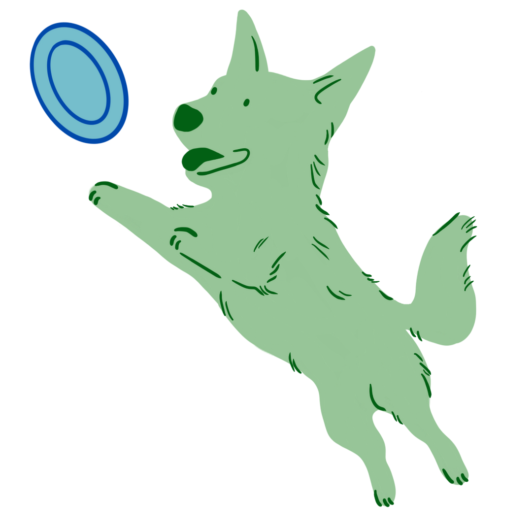 Cartoon drawing of a dog jumping up to catch a frisbee.