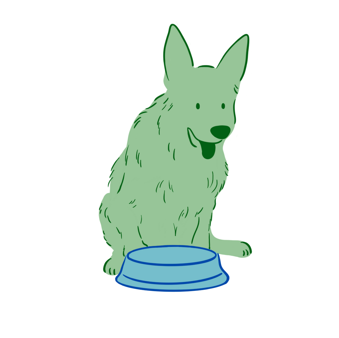 Cartoon drawing of a dog sitting in front of a dog bowl.