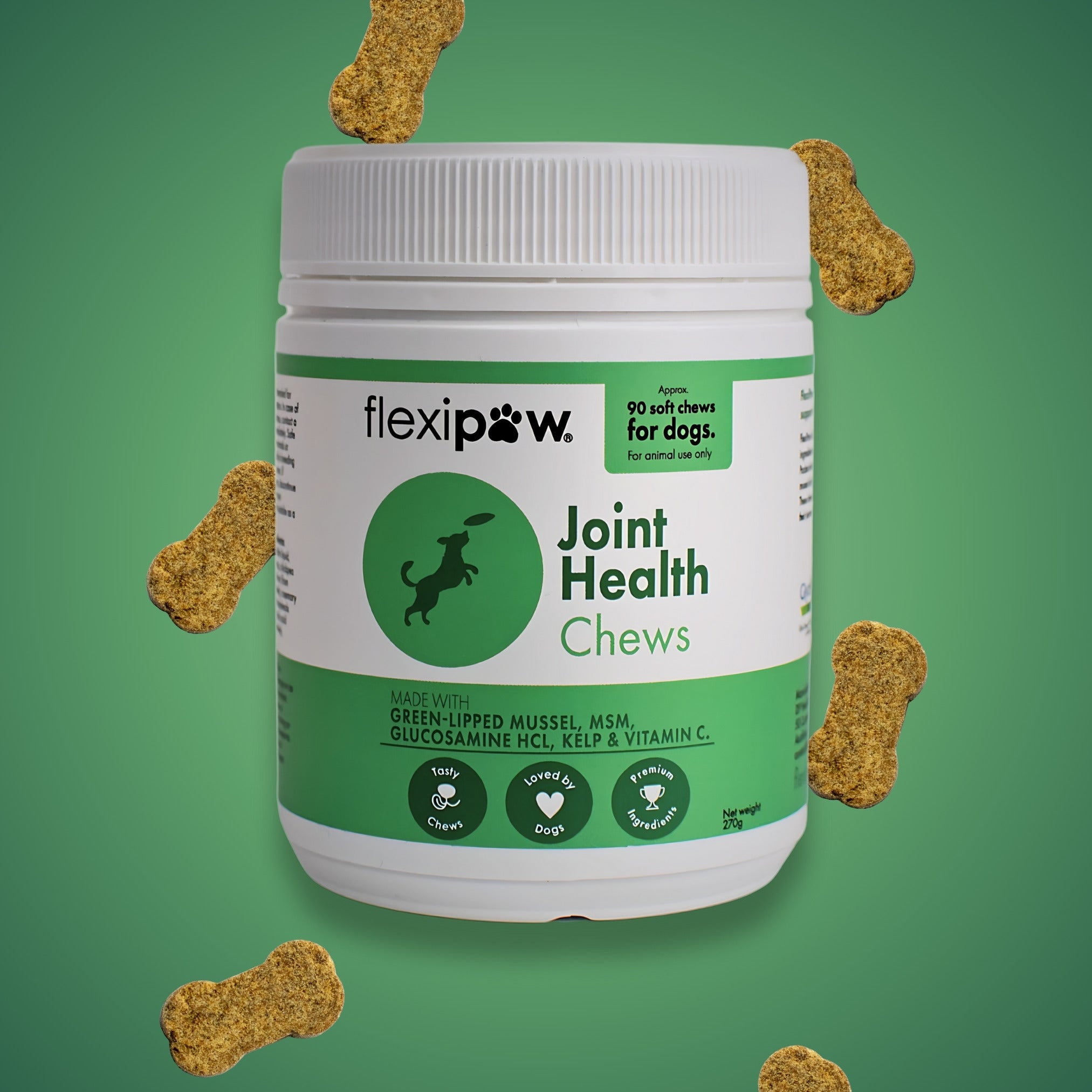 Bottle of FlexiPaw Joint Health Chews for dogs surrounded by brown bone-shaped chew supplements containing green-lipped mussel powder, glucosamine HCl, kelp powder, vitamin C, and MSM.