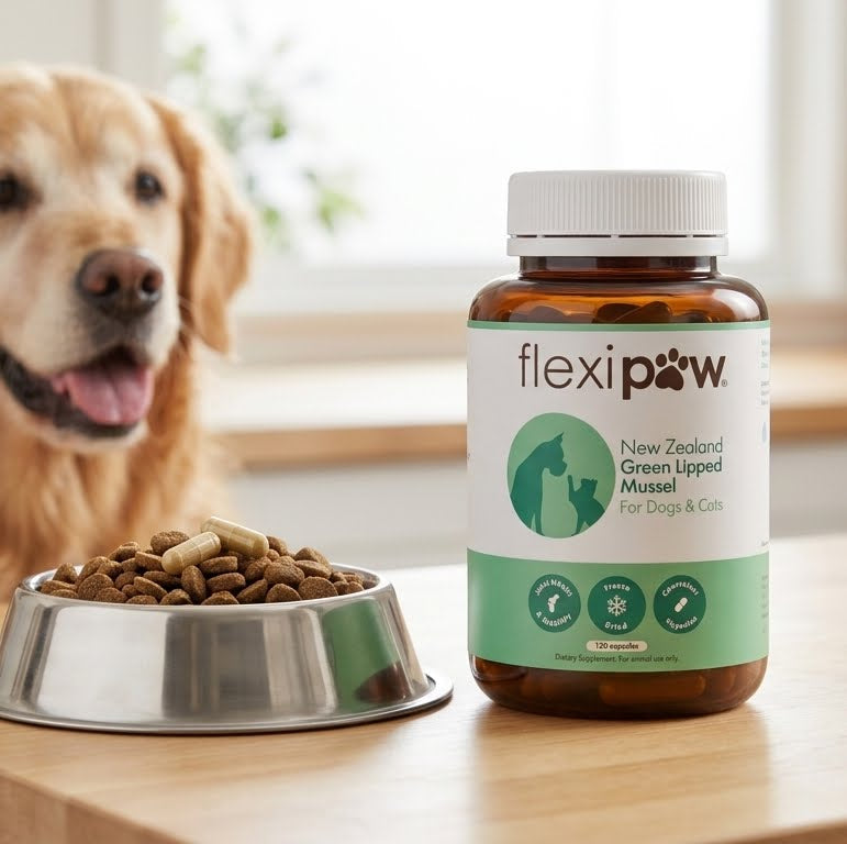 A bottle of flexipaw New Zealand Green Upped Mussel for Dogs &amp; Cats stands on a wooden table next to a metal bowl filled with kibble, with a golden retriever dog blurred in the background.