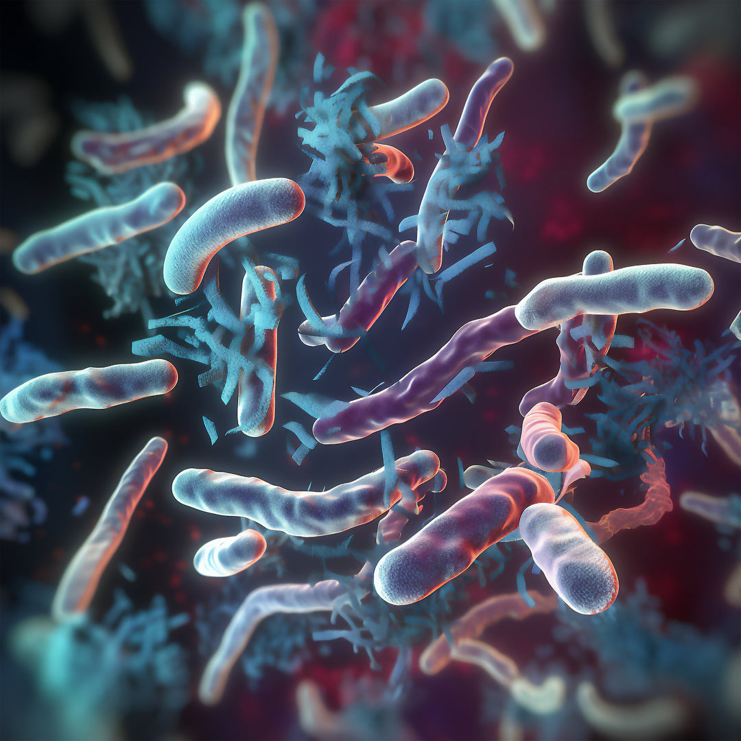 Microscopic image depicting various bacteria, including rod-shaped and cocci, in different stages of growth.