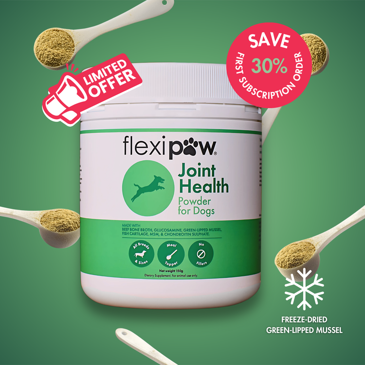 A white tub of flexipaw Joint Health Powder for Dogs centered on a green background, surrounded by floating white spoons holding freeze-dried green-lipped mussel. Promotional badges read 'Limited Offer' and 'Save 30% on first subscription order,' with a snowflake icon and 'Freeze-Dried Green-Lipped Mussel' text.