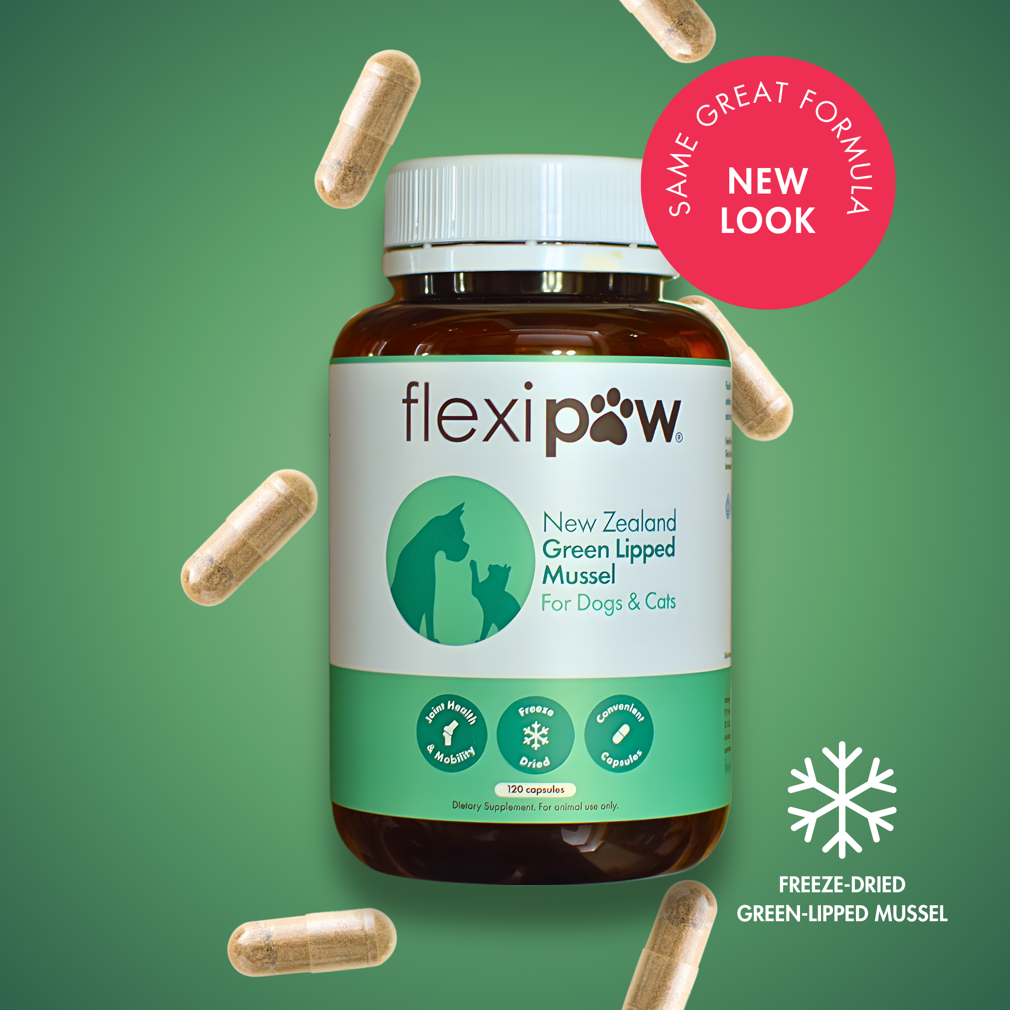 Flexipaw supplement bottle with capsules on a green background