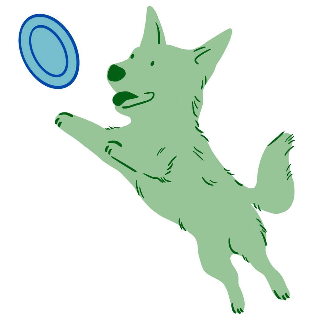 Cartoon drawing of a dog jumping up to catch a frisbee. 