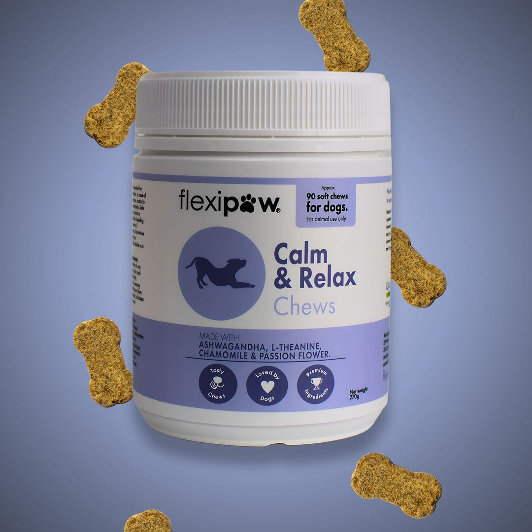 FlexiPaw Calm & Relax Chews for Dogs - Soft chews made with Ashwagandha, L-Theanine, Chamomile & Passion Flower to help relieve dog anxiety and promote relaxation. [270g container]