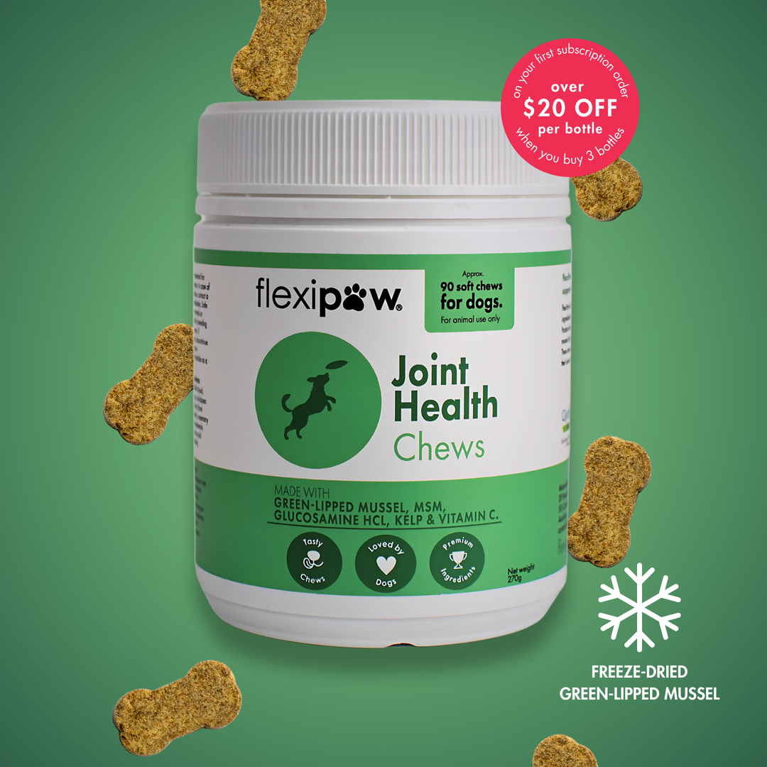 Bottle of FlexiPaw Joint Health Chews for dogs surrounded by brown bone-shaped chew supplements. With an icon of snowflake with text 'freeze-dried green-lipped mussel'.