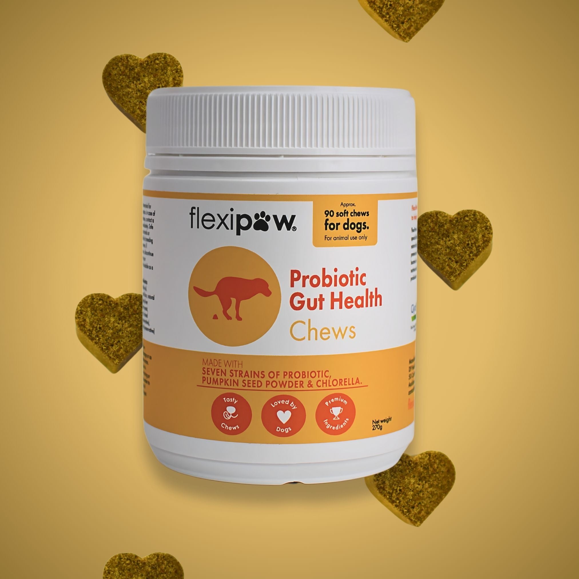 FlexiPaw Probiotic Gut Health Chews for dogs in a white and orange container, with heart-shaped chews displayed around it. The label highlights seven strains of probiotics, pumpkin seed powder, and chlorella, along with text indicating '90 soft chews for dogs'.